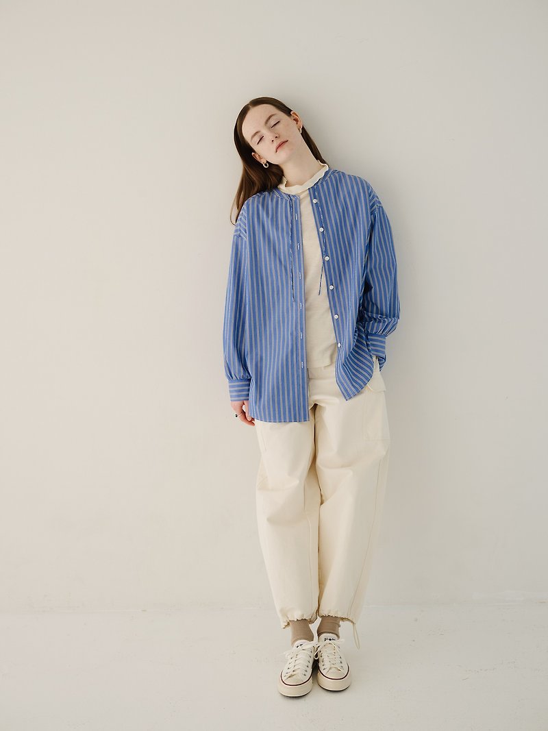 KOOW Japanese miscellaneous striped shirt collar drawstring mid-length academic cardigan - Women's Shirts - Cotton & Hemp Multicolor
