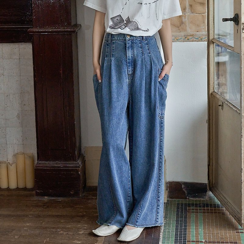 Tencel Linen jeans|Pants|Summer style|Sora-1496 - กางเกงขายาว - ผ้าฝ้าย/ผ้าลินิน สีน้ำเงิน