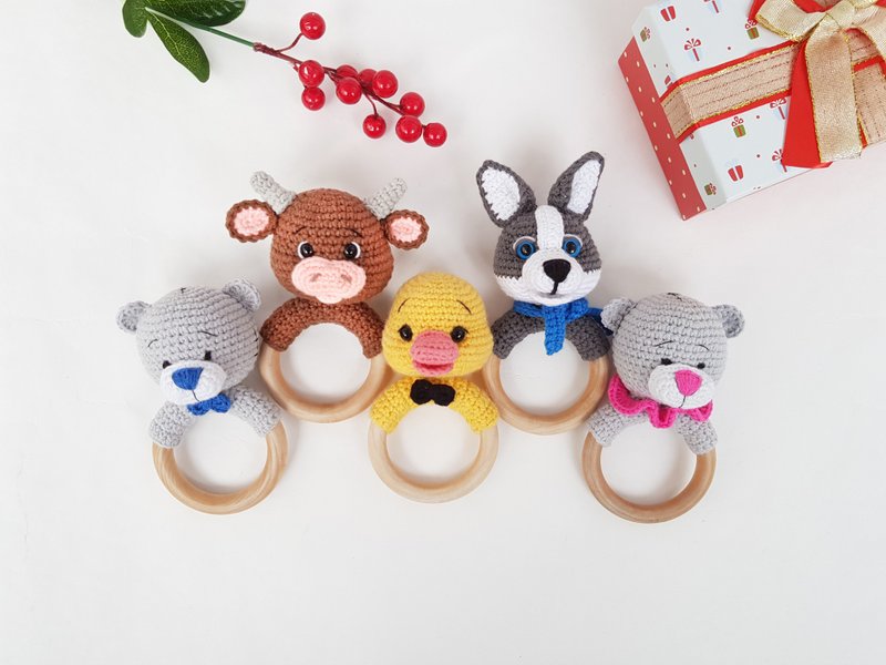 Crochet Pattern Set baby rattle 4 in 1 - bull, bear, duck, dog - Crochet Animal - 手工藝教學/工具書 - 其他材質 