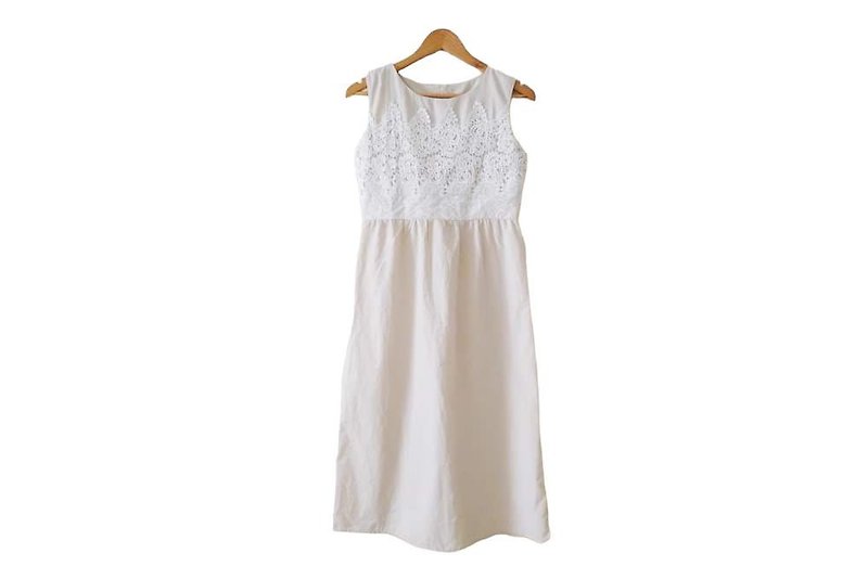 Vintage neutral cotton midi dress with white lace details,wedding,Prairie, Small - One Piece Dresses - Cotton & Hemp White