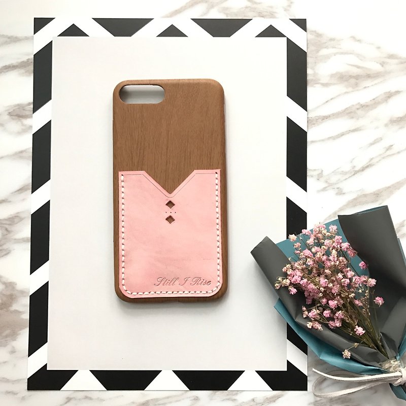 木紋手機殼拼皮革 - 手機殼/手機套 - 真皮 粉紅色