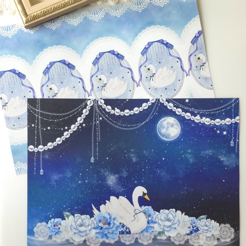Starry sky and swanオリジナルイラストデザインペーパーセット - 禮物盒/包裝盒 - 紙 藍色