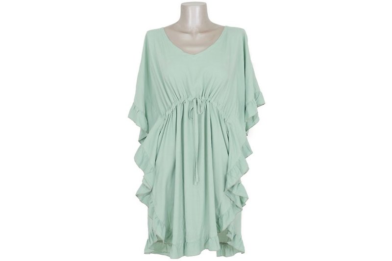 Butterfly sleeve ruffle dress <green> - ชุดเดรส - วัสดุอื่นๆ สีเขียว