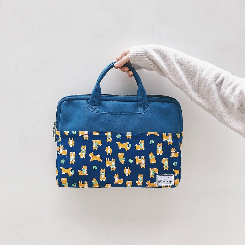 Dark Blue Shiba Inu-Colorblock fabric laptop bag (13-14 inches) / 815a.m - Laptop Bags - Cotton & Hemp 