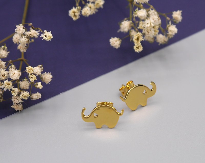 Little Elephant Earring - Gold plated on brass, Tiny Earring, Animal Jewelry, Christmas gift, New year gift - ต่างหู - โลหะ สีทอง