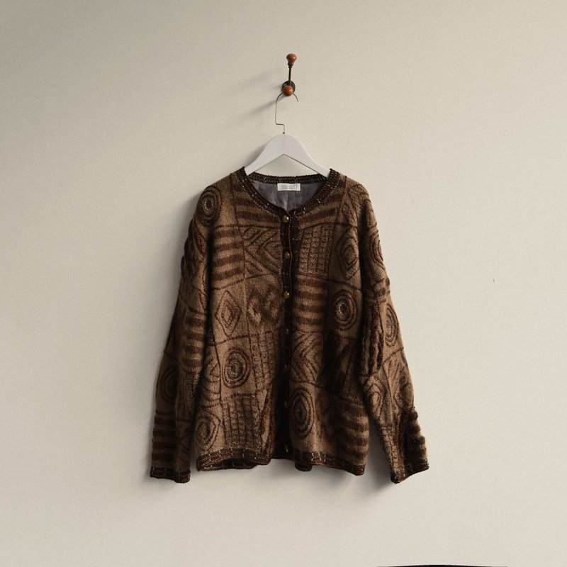 【NaSuBi Vintage】図案刺繍モヘアヴィンテージカーディガン - ニット・セーター - その他の化学繊維 ブラウン