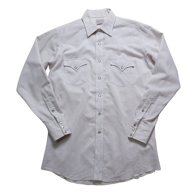 70s H BAR C White Plaid Western Shirt Western Shirt - เสื้อเชิ้ตผู้ชาย - วัสดุอื่นๆ ขาว