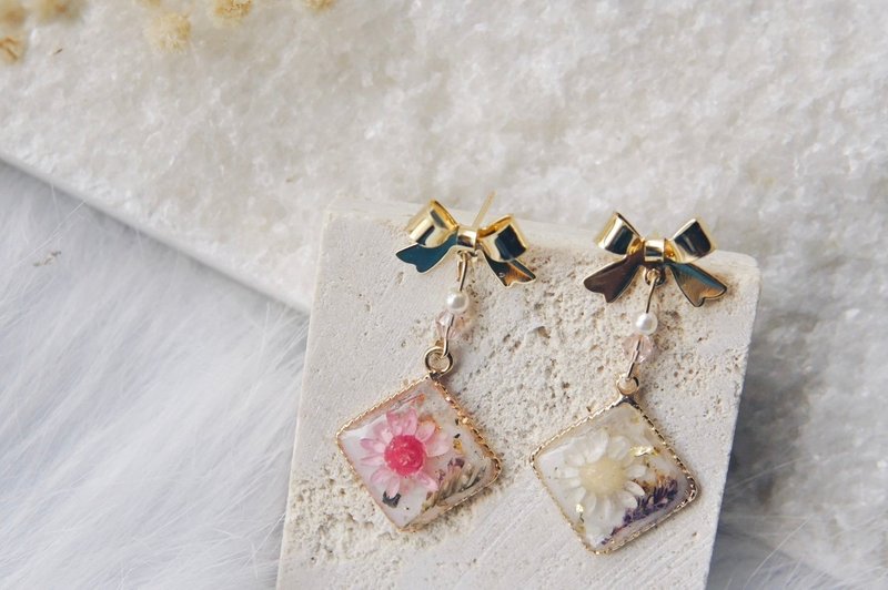 [As before] Dried flowers - small daisies/earrings/ Clip-On/ Silver/pendants/pink and white - ต่างหู - เงินแท้ ขาว