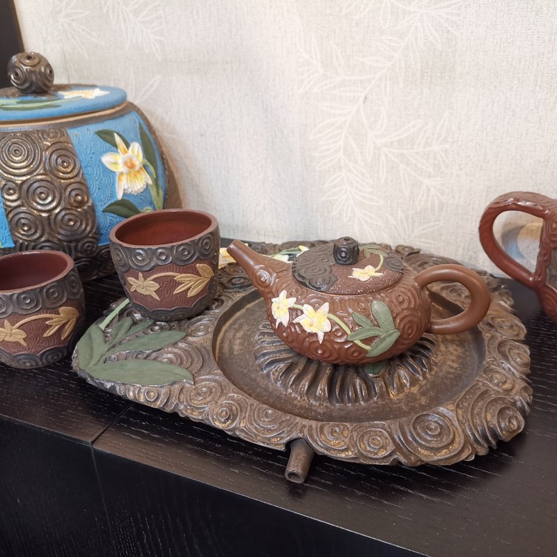 手工製作-花壺系列-蘭花茶具套組 - 茶壺/茶杯/茶具 - 陶 