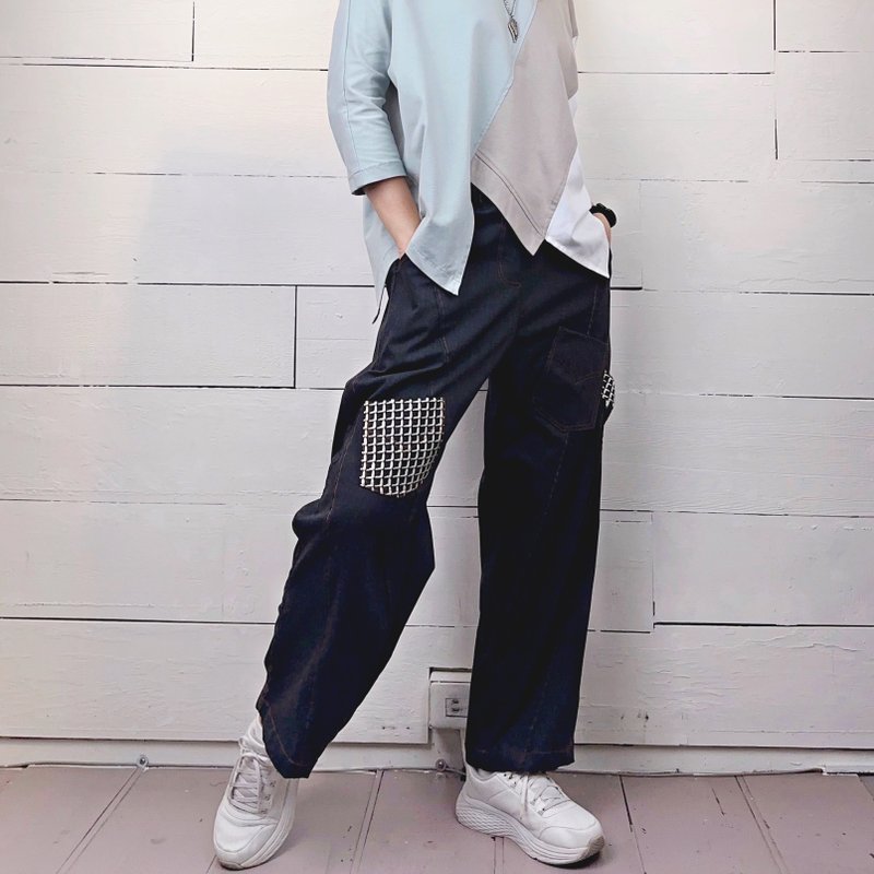 黑/白格 - 車線側條褲 #A2065 - 女長褲 - 棉．麻 黑色