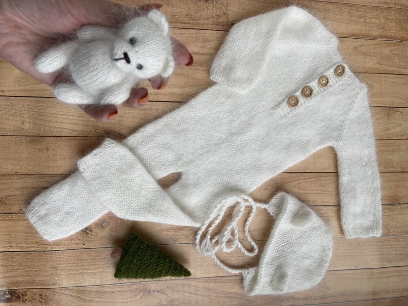 新生兒安哥拉連身衣，新生兒連體衣，新生兒睡衣 - 嬰兒連身衣/包被/包巾 - 羊毛 白色