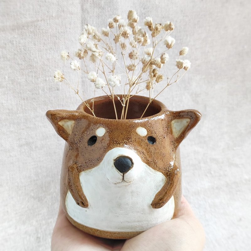 Handmade Ceramic Small Flower Vase, Cute Animal Home Decor - Shiba Dog - เซรามิก - ดินเผา ขาว