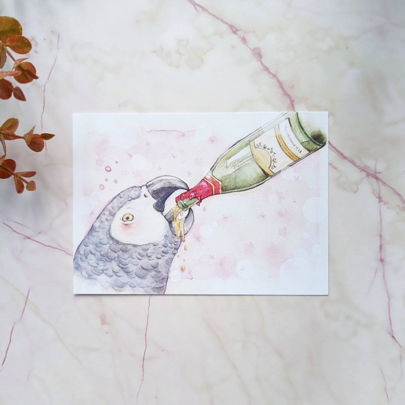 灰鸚鵡與紅酒明信片/萬用卡 - 卡片/明信片 - 紙 粉紅色