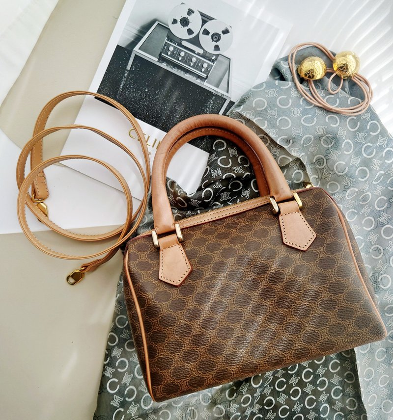 中古美品 CELINE 棕老花 迷你波士頓包 單肩包斜揹包斜挎包手拿包 - 側背包/斜背包 - 防水材質 咖啡色