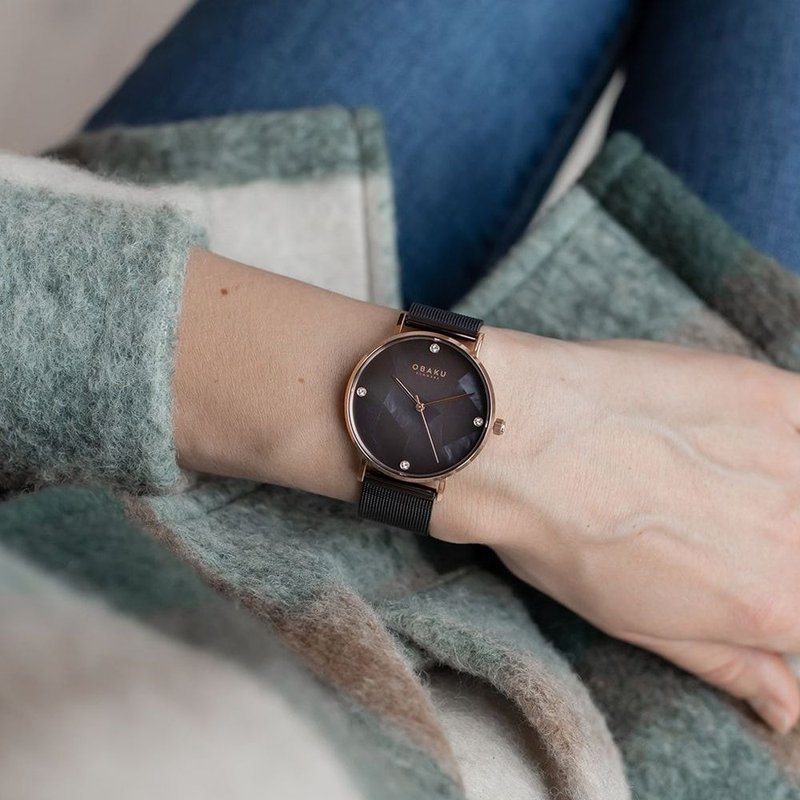 OBAKU 菱形幾何晶鑽米蘭時尚腕錶-咖啡色-V268LXVNMN-37mm - 女錶 - 不鏽鋼 多色