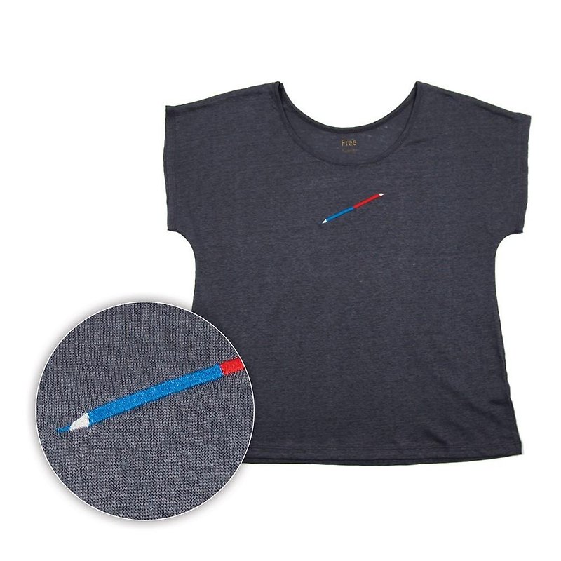 Linen's smoothness fabric used. Original from the body. Red Blue Pencil T-shirt - เสื้อผู้หญิง - วัสดุอื่นๆ สีดำ