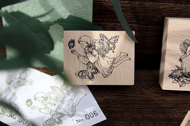 木頭 印章/印台 卡其色 - 樂園天使 木製印章組合集 櫸木 灰膠皮