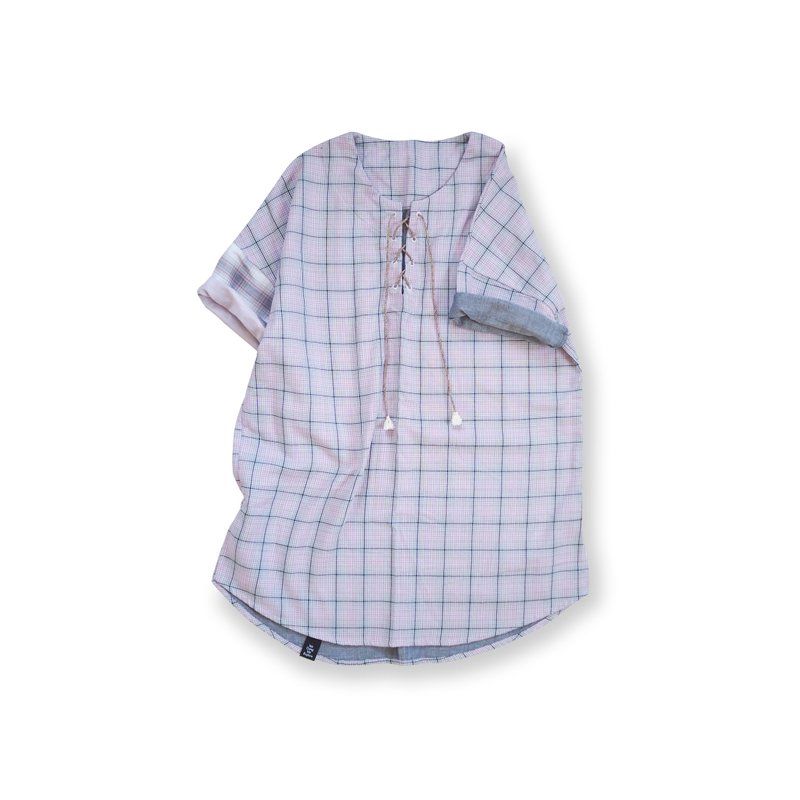 二重織上衣 Lace Up Checker Boho - 女上衣/長袖上衣 - 棉．麻 