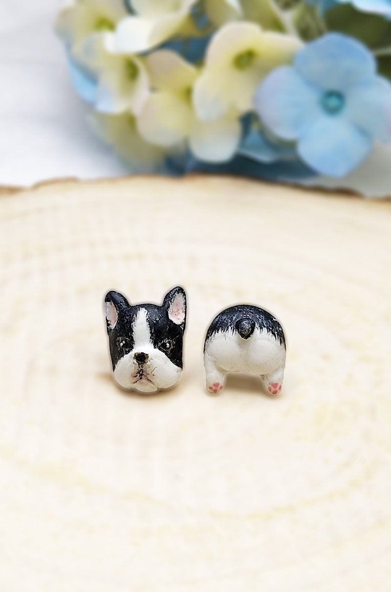 Boston Terrier Earrings - French Bulldog Earrings - ต่างหู - ดินเหนียว สีดำ