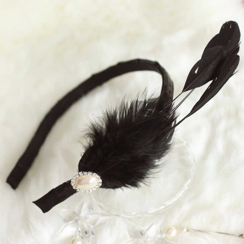Feather with Rhinestone Ornament Sequined Headband - Hair Accessories - Other Materials Black