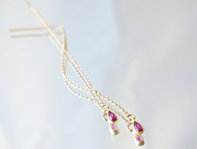 【14 KGF / Siver 925 / Tiny】 Ear Thread Earrings, -CZ Teardrop / Ruby- - Earrings & Clip-ons - Glass Pink
