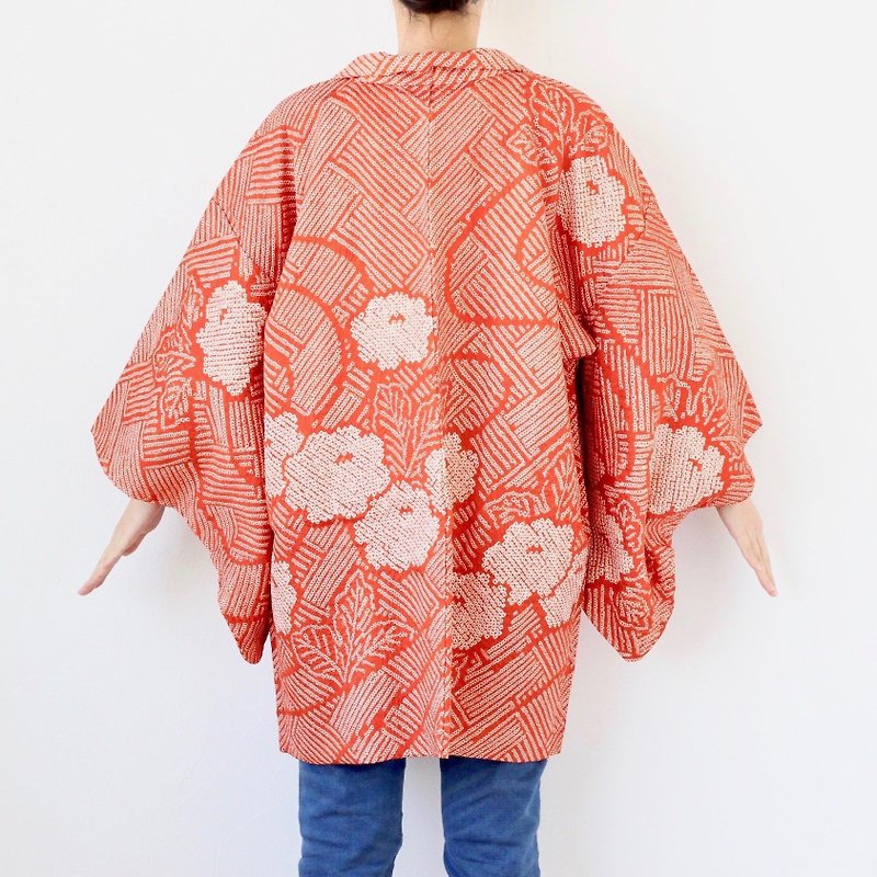 floral Shibori kimono, haori, tie dye kimono, floral robe /4054 - ジャケット - シルク・絹 レッド