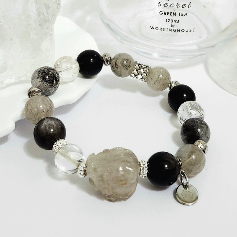 Grey-White Layered Phantom Dragon Turtle Design Bracelet / Crystals for warding off evil, balancing emotions, and relieving stress - สร้อยข้อมือ - คริสตัล สีเทา