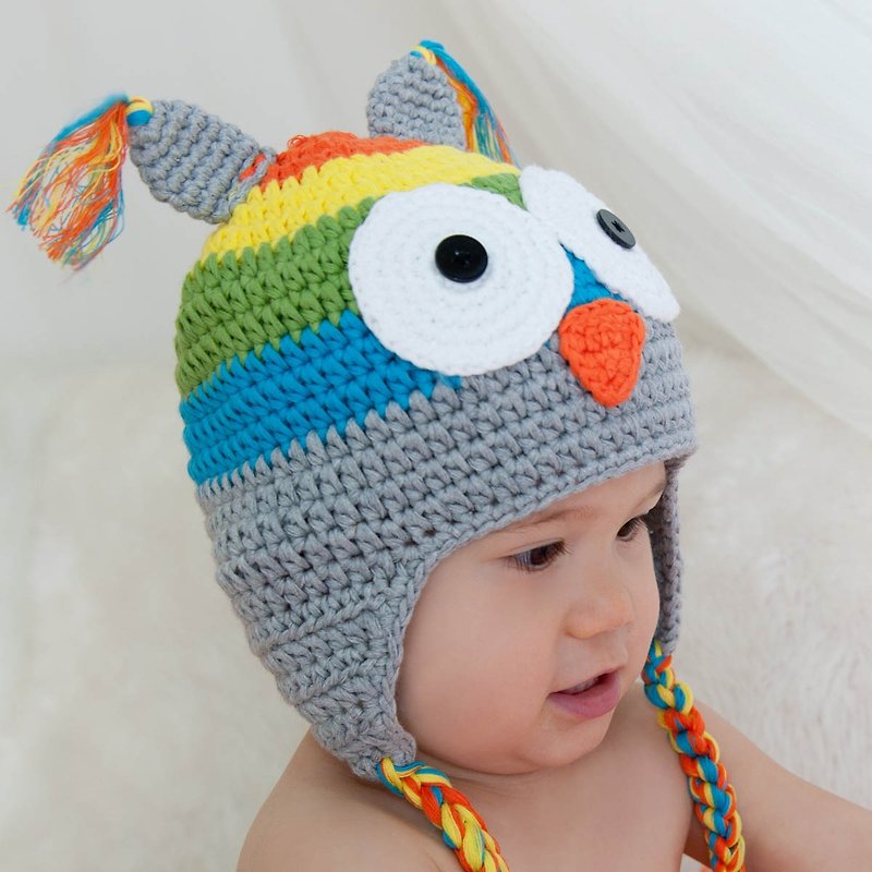 Cutie Bella Hand Knitted Hat Owl-Sherbet - Baby Hats & Headbands - Cotton & Hemp Multicolor