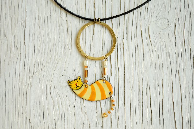 Enamel Necklace, Ring Necklace, Circus, Aerialist, Yellow Brown, Brown Cat, - Necklaces - Enamel Yellow