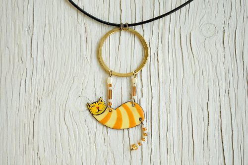 Miska Enamel Necklace, Ring Necklace, Circus, Aerialist, Yellow Brown, Brown Cat,