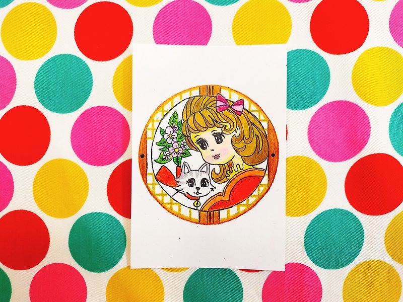昭和おもちゃシリーズ手描きはがき着物少女 - カード・はがき - 紙 