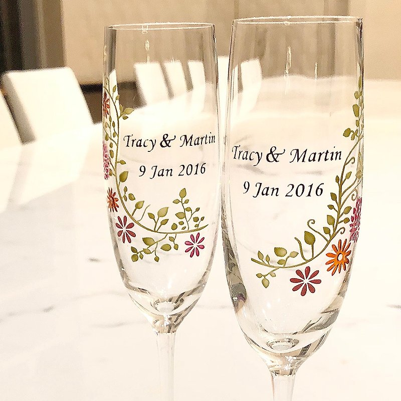 無鉛水晶玻璃香檳杯刻字禮品組 | 結婚禮物,週年禮物 | 春之花 - 酒杯/酒器 - 玻璃 多色