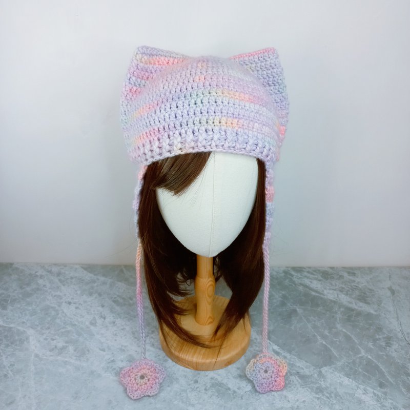 粉彩段染貓耳帽 護耳帽 毛線帽 手鉤編織帽 - 帽子 - 棉．麻 粉紅色