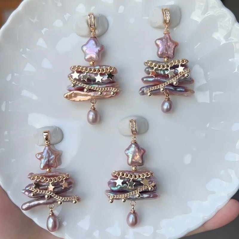 YuanPearl natural aurora purple pink baroque pearl necklace Christmas tree Christmas gift pearl pendant - สร้อยคอ - ไข่มุก ขาว