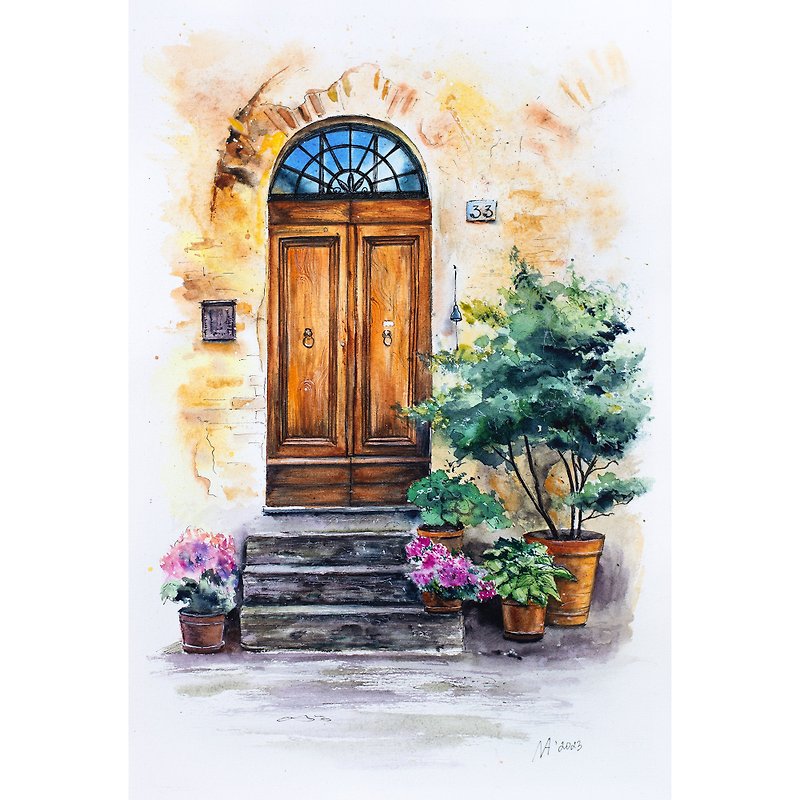 オリジナルの水彩ドア スケッチ絵画建築イラスト壁の装飾 - ポスター・絵 - 紙 多色