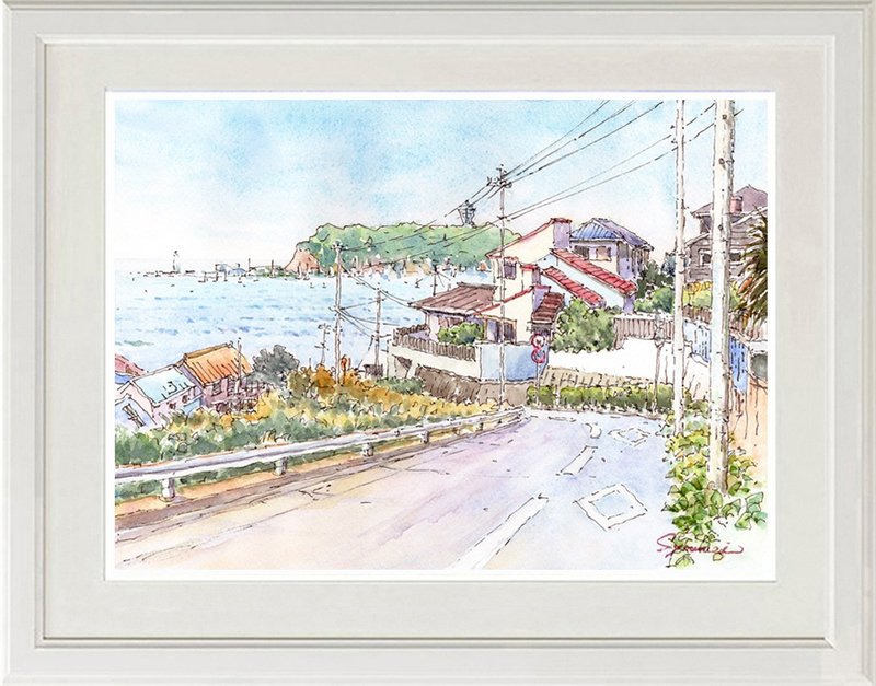 Original watercolor painting: Green Enoshima and red roofs - Posters - Paper Blue