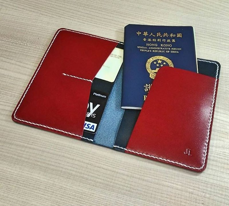 【MY。手作】雙色護照套 ~ 深藍+暗紅色 - 長短皮夾/錢包 - 真皮 多色