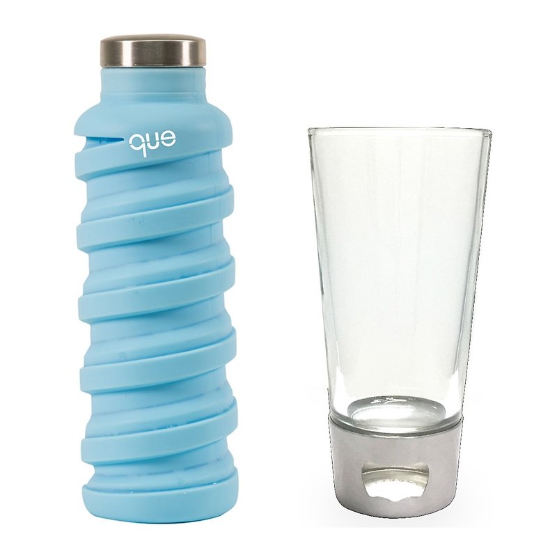 Que Environmental Retractable Water Bottle / Blue / 600ml + asobu Opened Beer Bottle / Clear Glass / 550ml - Pitchers - Silicone Blue