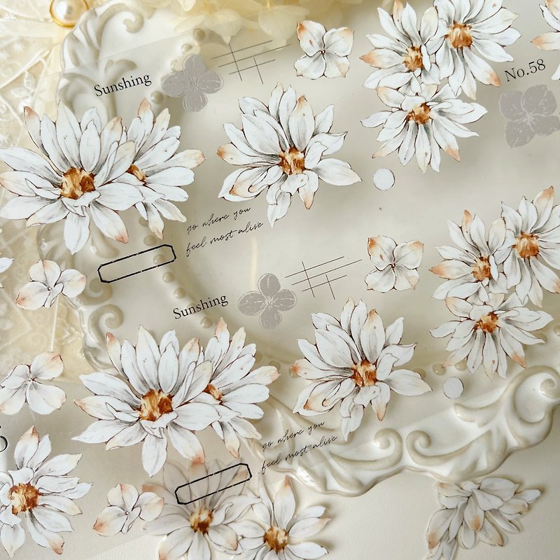 White small chrysanthemum retro small flower and paper tape PET - มาสกิ้งเทป - วัสดุอื่นๆ ขาว