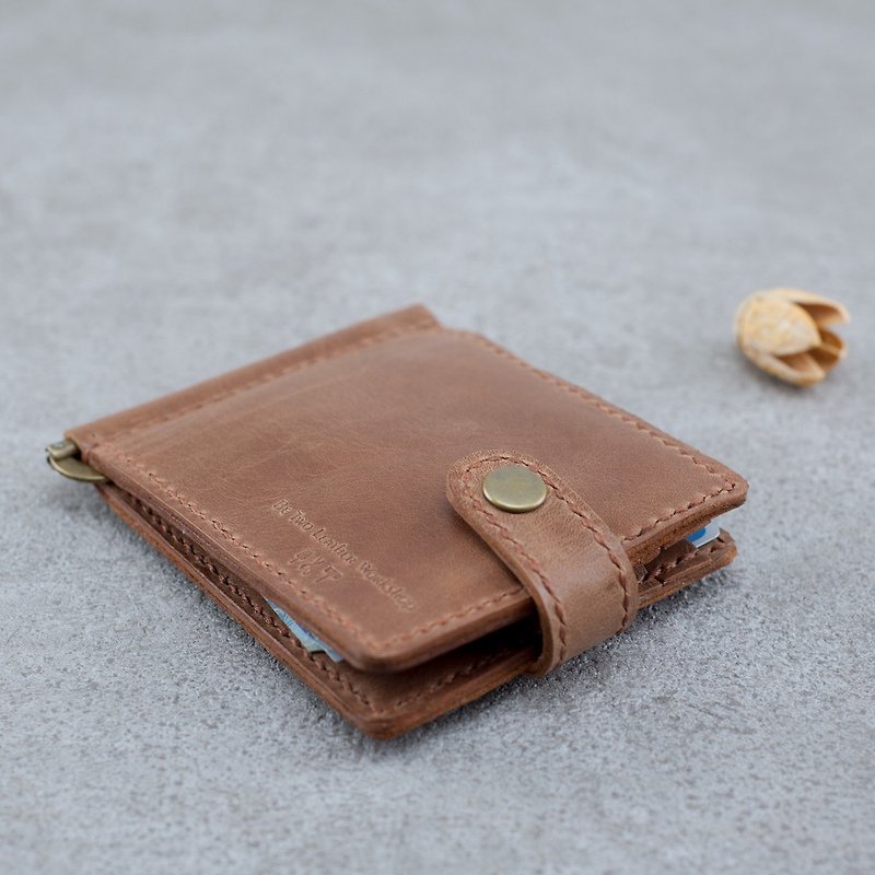 Short clip leather leather wallet clips banknotes hand-stitched leather hand-sewn ∣ Be Two - กระเป๋าสตางค์ - หนังแท้ สีนำ้ตาล