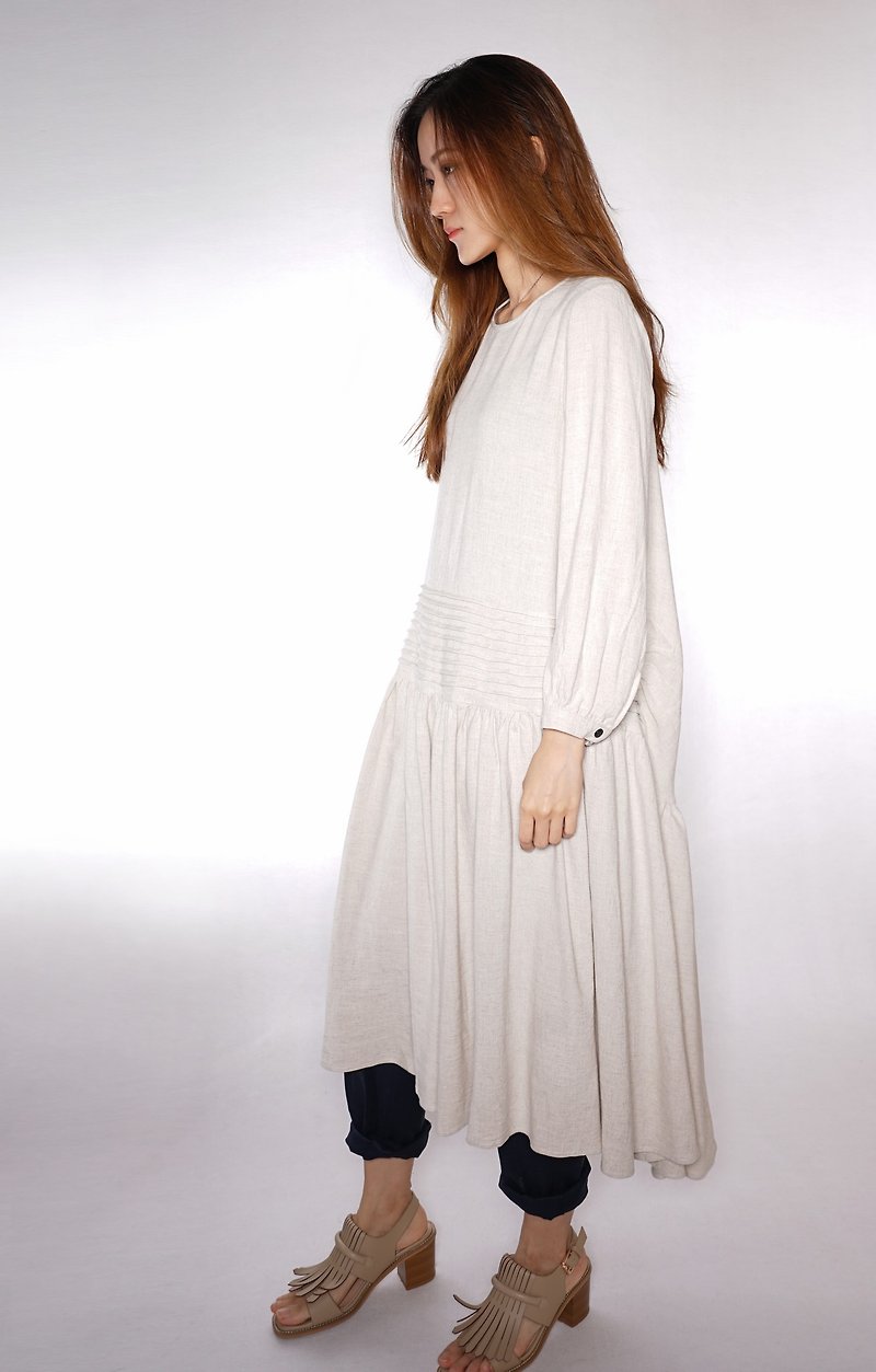OUD original. Linen-cotton Dress With Pleated Detail - One Piece Dresses - Cotton & Hemp Khaki