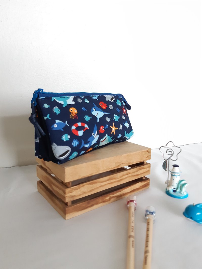 Shark came to the three-layer pencil case birthday graduation exchange gift - Pencil Cases - Cotton & Hemp Blue