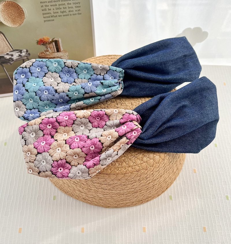 Wide version embroidered style printed patchwork headband Japanese wear denim wear - ที่คาดผม - ผ้าฝ้าย/ผ้าลินิน หลากหลายสี