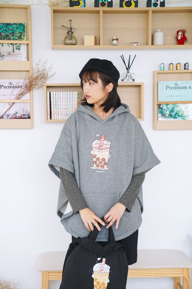 麻糬兔珍奶-厚款斗篷外套(麻灰) - 女大衣/外套 - 棉．麻 灰色