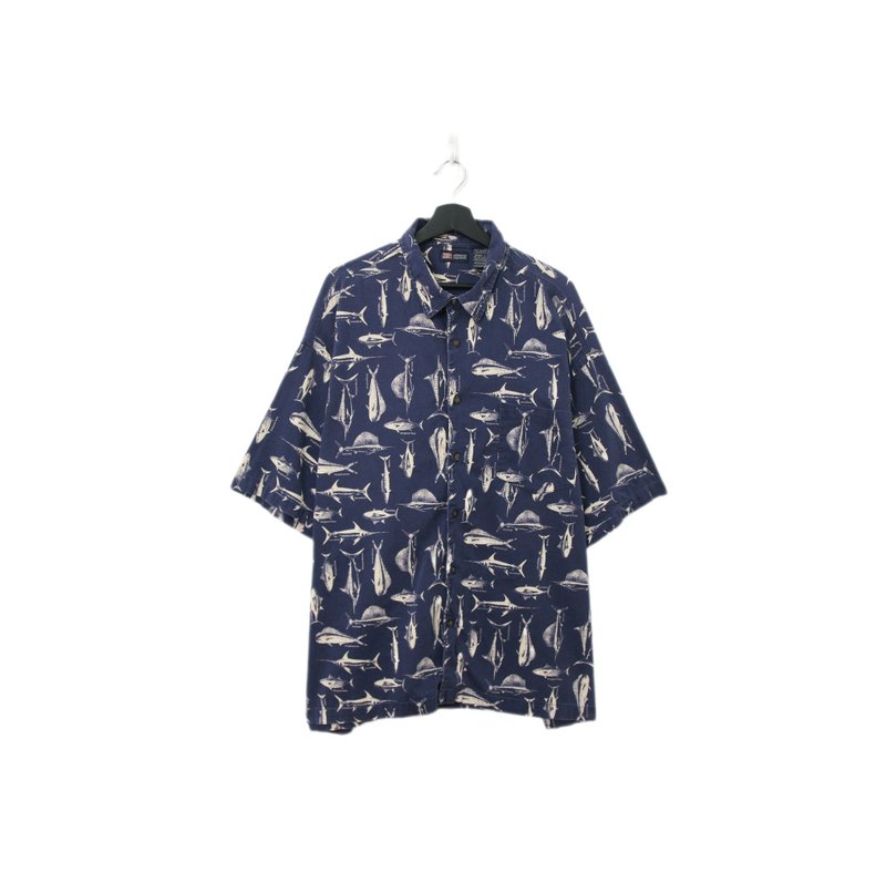 Back to Green-魚圖騰短袖襯衫 深藍魚圖鑑 ff-02 vintage shirt - 男襯衫/休閒襯衫 - 棉．麻 
