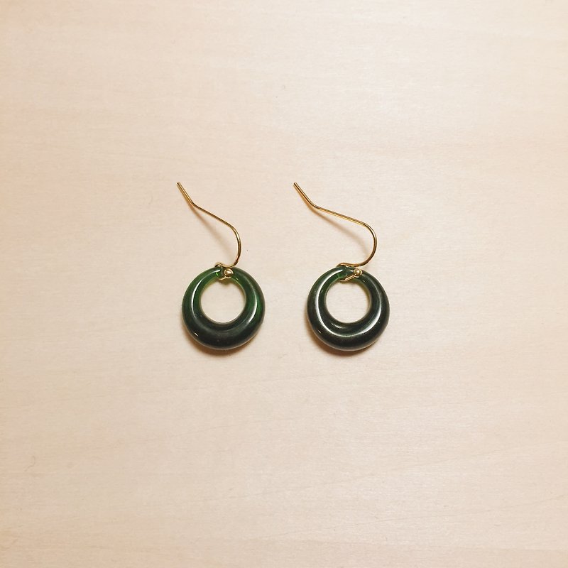 Retro dark green gold single hoop earrings - Earrings & Clip-ons - Resin Green