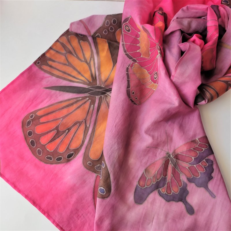 Hot pink and orange scarf Monarch butterfly scarf Silk cotton blend scarf - 絲巾 - 絲．絹 粉紅色