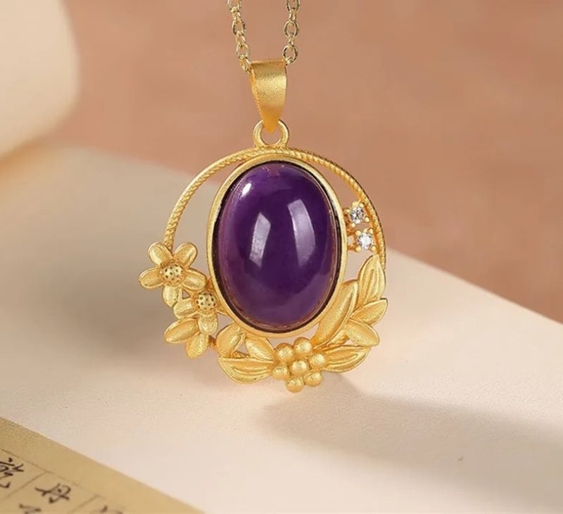 Natural Purple Gemstones MICA Pendants Necklaces No Chain Gold Plated Flowers - Necklaces - Sterling Silver Purple