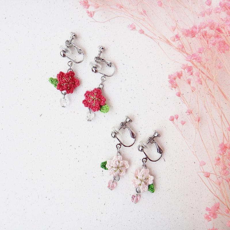限量/袖珍編織/山櫻花/緋紅櫻、淡粉櫻/耳環 - 耳環/耳夾/耳骨夾 - 繡線 粉紅色