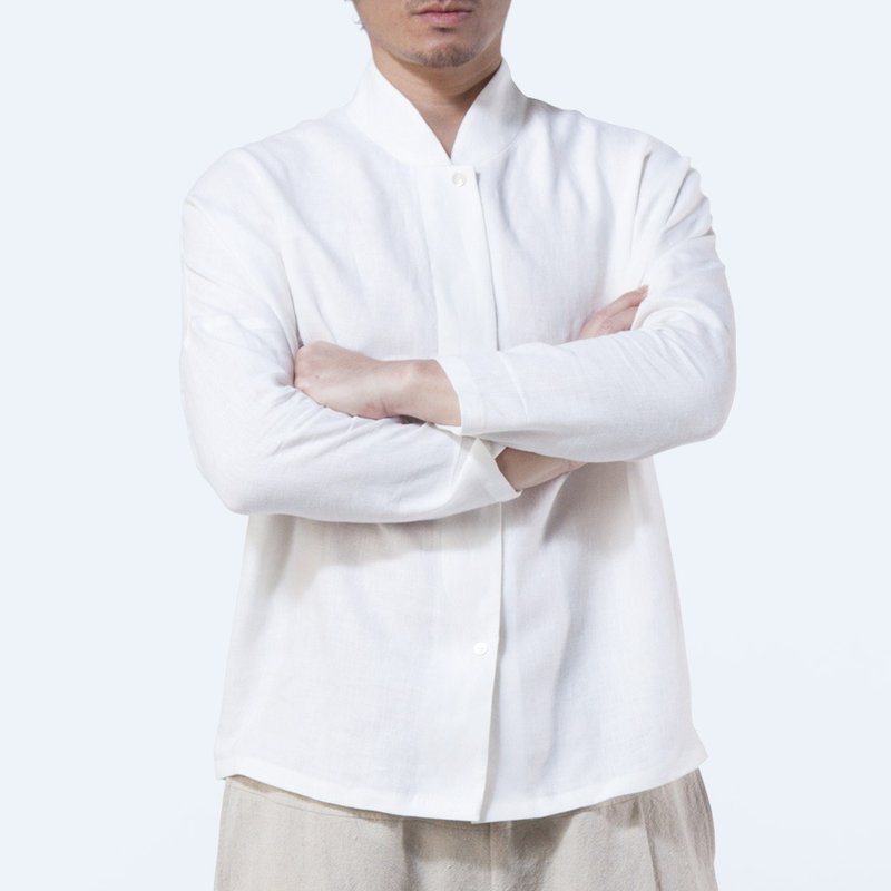 Stand collar shirt / linen, color: white - Men's Shirts - Cotton & Hemp White